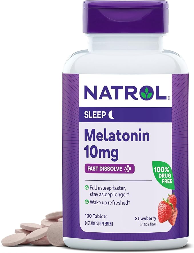 Natrol Fast Dissolve Melatonin 10 mg, Melatonin Supplements for Restful Sleep, Sleep Support for Adults, 100 Strawberry-Flavored Tablets, Up to a 100 Day Supply