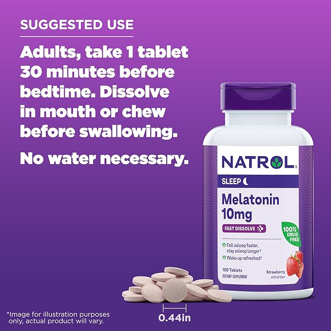 Natrol Fast Dissolve Melatonin 10 mg, Melatonin Supplements for Restful Sleep, Sleep Support for Adults, 100 Strawberry-Flavored Tablets, Up to a 100 Day Supply
