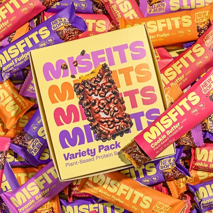 Misfits Vegan Protein Bars - Updated Recipe | Plant Based, Low Sugar & Carb, High Fiber Snacks | Variety Pack of 12 (4 Flavors)