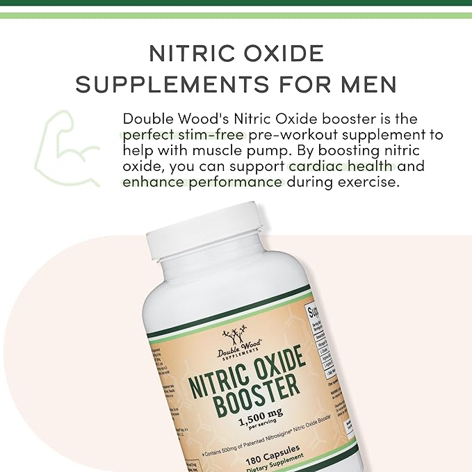 Nitric Oxide Supplement (Stim Free Pre Workout) - Nitric Oxide Booster with Nitrosigine, L Arginine, and L Citrulline (Clinically Studied to Boost No2 Nitric Oxide Flow) 180 Capsules by Double Wood