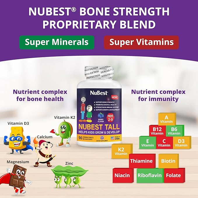 NuBest Tall Kids - Toddlers Vitamins and Kids Vitamins for Age 2 to 9 - Healthy Height Growth & Height Booster with Multivitamins & Minerals | 90 Chewable Tablets | 6 Pack