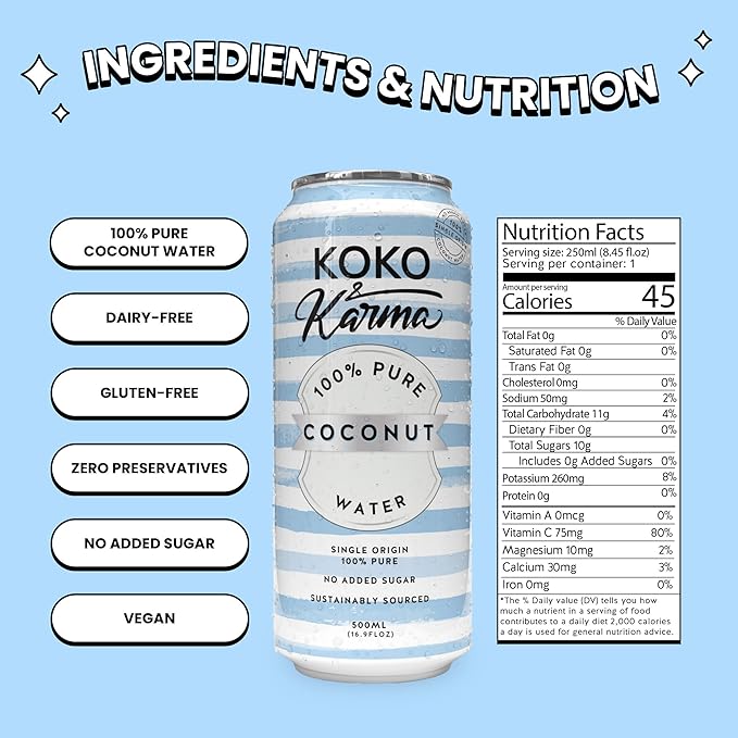 Koko & Karma Pure Coconut Water - All Natural, No Added Sugars, No Preservatives (12 Pack) (16.9 Fl Oz (Pack of 12), Pure Coconut Water)
