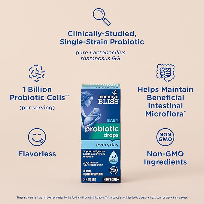 Mommy's Bliss Baby Probiotic Drops, Daily Gas, Constipation, and Colic Symptom Relief + Immune Support, Newborns & Up, 0.34 Fl Oz (30 Servings)