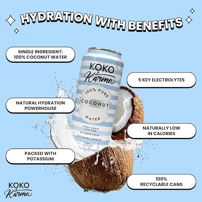 Koko & Karma Pure Coconut Water - All Natural, No Added Sugars, No Preservatives (12 Pack) (16.9 Fl Oz (Pack of 12), Pure Coconut Water)