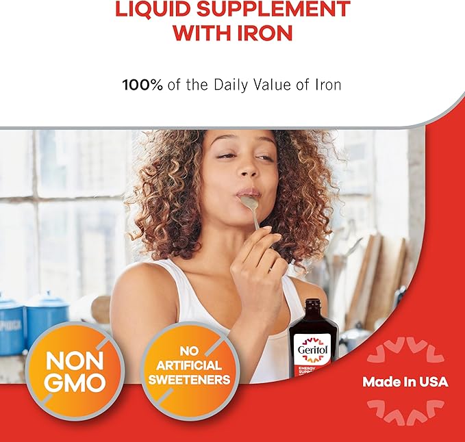 Geritol Liquid Vitamin and Iron Supplement, Energy Support, Contains High Potency B-Vitamins and Iron, Pleasant Tasting, Easy to Swallow, No Artificial Sweeteners, Non-GMO, 12 Oz
