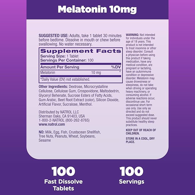 Natrol Fast Dissolve Melatonin 10 mg, Melatonin Supplements for Restful Sleep, Sleep Support for Adults, 100 Strawberry-Flavored Tablets, Up to a 100 Day Supply