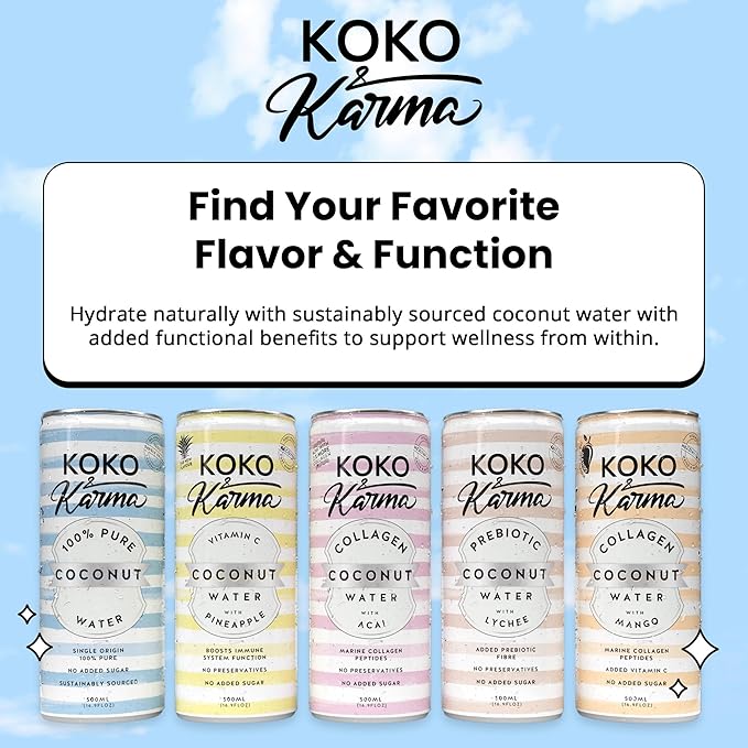Koko & Karma Pure Coconut Water - All Natural, No Added Sugars, No Preservatives (12 Pack) (16.9 Fl Oz (Pack of 12), Pure Coconut Water)