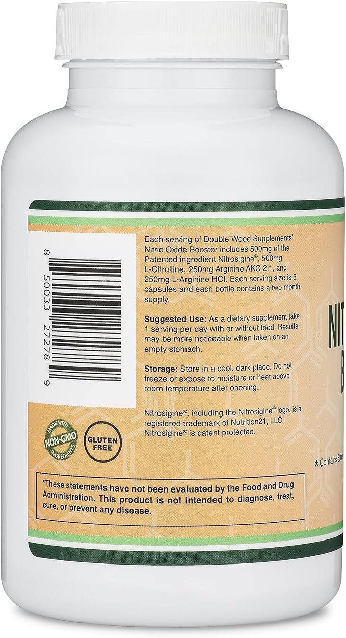 Nitric Oxide Supplement (Stim Free Pre Workout) - Nitric Oxide Booster with Nitrosigine, L Arginine, and L Citrulline (Clinically Studied to Boost No2 Nitric Oxide Flow) 180 Capsules by Double Wood