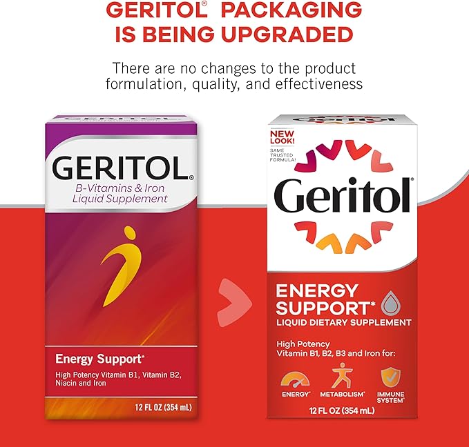 Geritol Liquid Vitamin and Iron Supplement, Energy Support, Contains High Potency B-Vitamins and Iron, Pleasant Tasting, Easy to Swallow, No Artificial Sweeteners, Non-GMO, 12 Oz