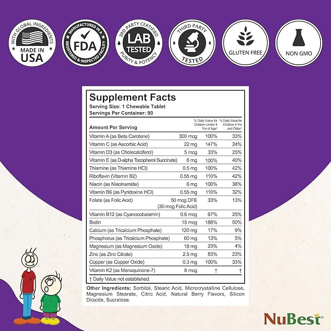 NuBest Tall Kids - Toddlers Vitamins and Kids Vitamins for Age 2 to 9 - Healthy Height Growth & Height Booster with Multivitamins & Minerals | 90 Chewable Tablets | 6 Pack