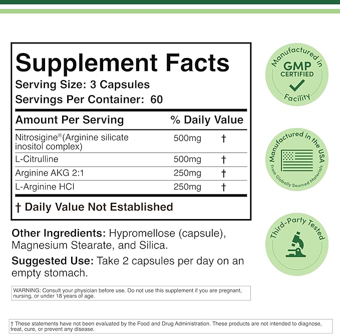 Nitric Oxide Supplement (Stim Free Pre Workout) - Nitric Oxide Booster with Nitrosigine, L Arginine, and L Citrulline (Clinically Studied to Boost No2 Nitric Oxide Flow) 180 Capsules by Double Wood