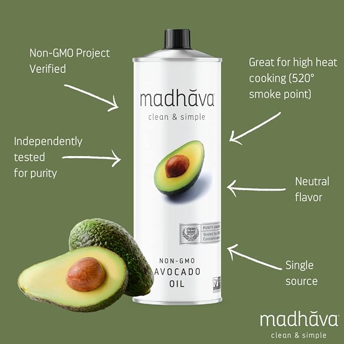 MADHAVA Avocado Oil (33.8 oz, 1L Tin), Single Source, 100% Pure, Neutral Flavor, High Heat Cooking Oil, 520-Degree Smoke Point, Non-GMO