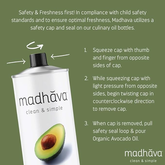 MADHAVA Avocado Oil (33.8 oz, 1L Tin), Single Source, 100% Pure, Neutral Flavor, High Heat Cooking Oil, 520-Degree Smoke Point, Non-GMO