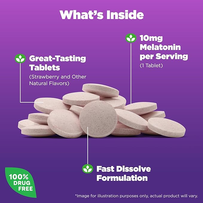 Natrol Fast Dissolve Melatonin 10 mg, Melatonin Supplements for Restful Sleep, Sleep Support for Adults, 100 Strawberry-Flavored Tablets, Up to a 100 Day Supply