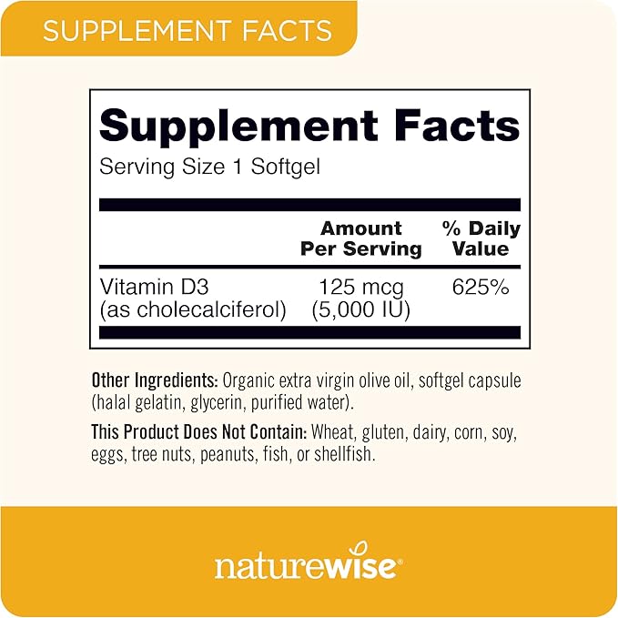 NatureWise Vitamin D3 5000iu (125 mcg) 1 Year Supply for Immune Support, Healthy Muscle Function, and Bone Health - Non-GMO, Gluten Free in Organic Extra Virgin Olive Oil, (Mini Softgel), 360 Count