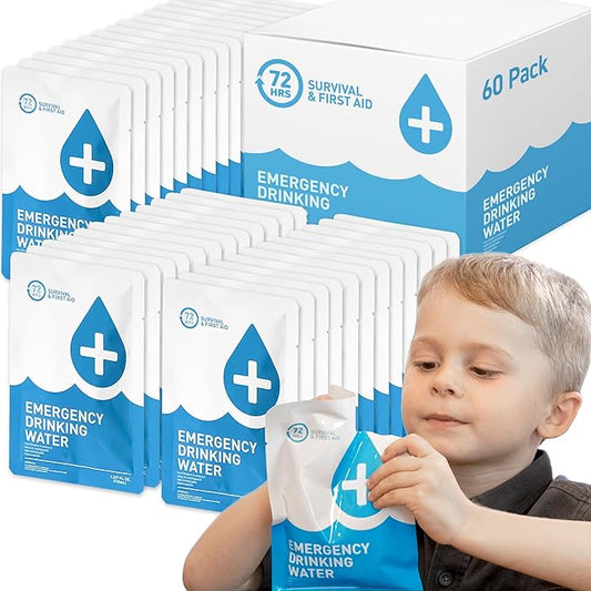 Made in USA - Anti Burst Emergency Water Rations Packets, Emergency Water Pouches, Water for Emergency, Survival Water Pouch, Emergency Water by 72 HRS (Pack of 60)