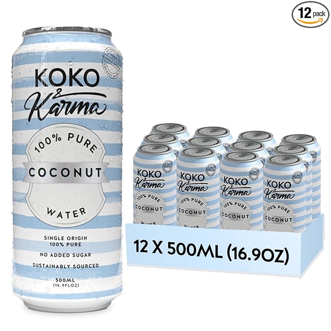 Koko & Karma Pure Coconut Water - All Natural, No Added Sugars, No Preservatives (12 Pack) (16.9 Fl Oz (Pack of 12), Pure Coconut Water)