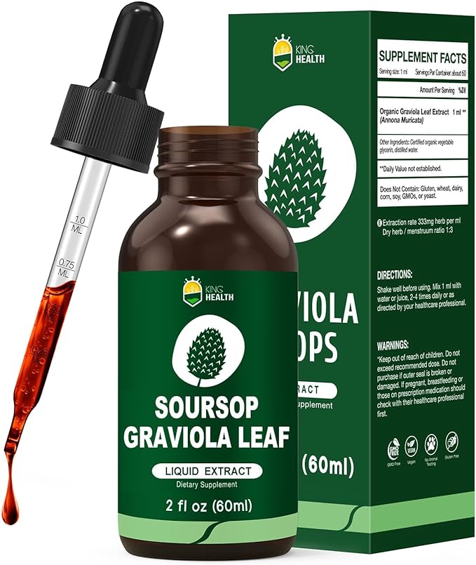 Organic Soursop Graviola Guanabana Leaves Extract Liquid Supplements, Pure Soursop Bitters, 98% Absorption, Vegan, Non-GMO, Gluten Free - 2 fl oz