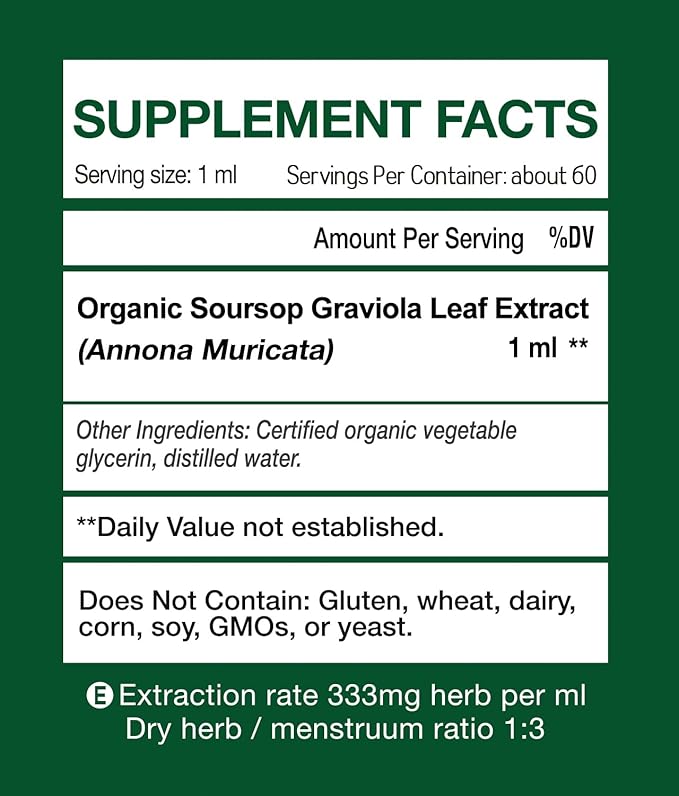 Organic Soursop Graviola Guanabana Leaves Extract Liquid Supplements, Pure Soursop Bitters, 98% Absorption, Vegan, Non-GMO, Gluten Free - 2 fl oz
