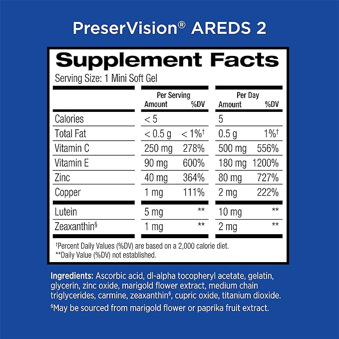 PreserVision AREDS 2 Eye Vitamins for Macular Health, Lutein and Zeaxanthin Supplement with Vitamin C, Vitamin E, Zinc, and Copper for Vision & Ocular Support, 60 Softgels (Minigels)